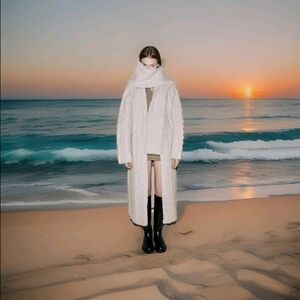 ZARA Women's 100% Wool Cable Knit Coat(Ecru, US M /EUR M)